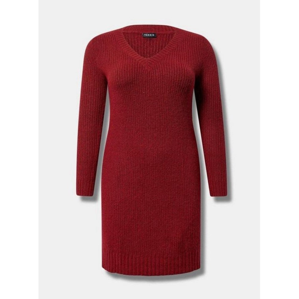 Torrid Vegan Cashmere Sweater Mini‎ Dress Rhubarb Red V-Neck Ribbed Knit 2 - Picture 5 of 16